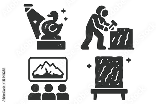 Ice Carving Performance. Solid style icons of performance-based ice carving: spotlight on ice art, sculptor in motion, audience +