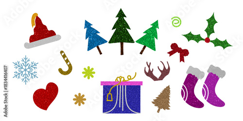 Festive collection of glittery stickers including trees, santa hat, and other holiday elements