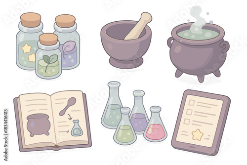 Magical Potion Toolkit. Isometric vector illustration set of magical potion toolkit: glowing ingredient jars, mortar and pestle,