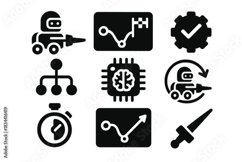 Autonomous Jousting Icons. Solid style icons of autonomous jousters: self-controlled bot icon, path prediction panel,
