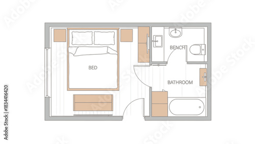 Floor plan of a bedroom with an attached bathroom and bathtub