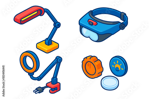 Tattoo Equipment Icons. Isometric vector illustration set Tattoo equipment – adjustable LED lamp, magnifying visor, head-mounted
