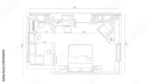 Floor plan of a bedroom with dimensions blueprint architectural drawing
