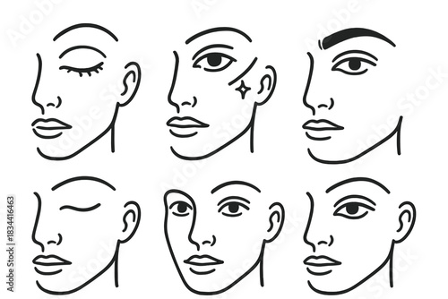 Genderless Beauty Icons. Line style icons of editorial genderless beauty looks: glossy eyelid style, dewy skin highlight, bold