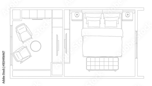 Floor plan of a bedroom with king-size bed and seating area