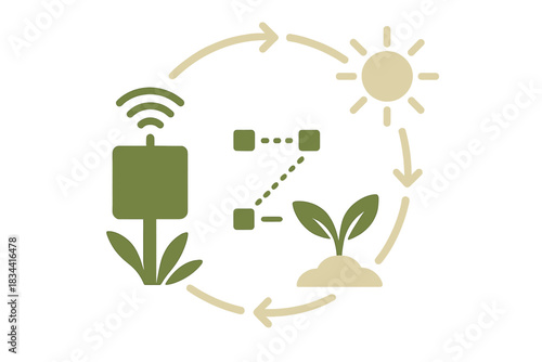 Smart Sensor Ecosystem Diagram. a circular ecosystem diagram with smart sensors, sunlight icons, and data arrows forming harmony,