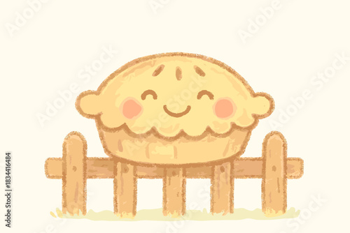 Smiling Pie on Fence. A cheerful pie with a smiling face cooling on a shared fence, soft pastel doodle style, No text, No labels,