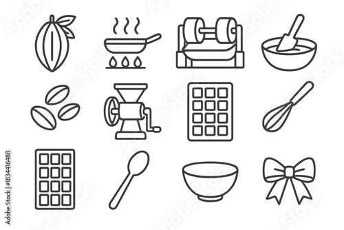 Chocolate Making Icons. Line style icons of Chocolate Making: Cacao Pod, Roasting, Conching Machine, Tempering; Cocoa Beans,
