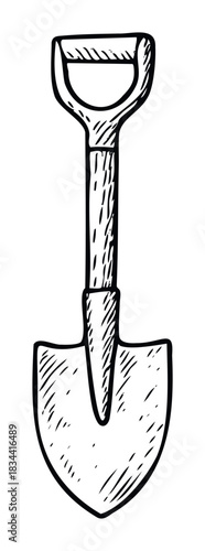 Black and white drawing of a shovel, useful for representing gardening, construction, or farm work in various media projects.