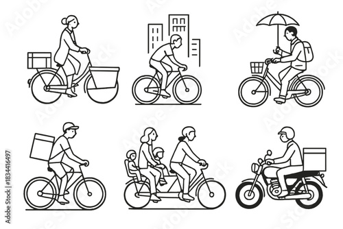 Global Cycling Iconography. Line style icons of bicycle cultures around the world: Dutch cyclist with cargo, fixie bike in city,