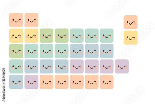 Pastel Mood Elements. A cute "mood element" periodic table with winking symbols, soft harmonious pastel palette, No text, No