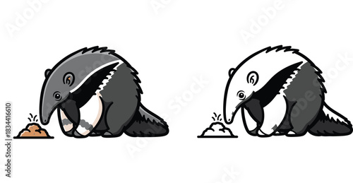 Cute cartoon anteater looking at a small anthill, grey wild animal character sitting and searching for food, vector illustration isolated on white background