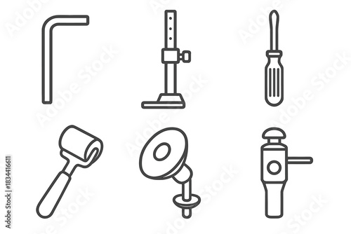 Prosthetic Tools Icons. Line style icons of prosthetic attachments and tools: hex key adjuster, limb alignment gauge, tension