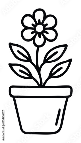 A minimalist line drawing of a flower in a pot, ideal for logos, educational materials, or springtime themes needing a simple graphic.