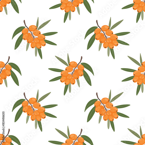 Sea buckthorn seamless pattern, berry branch print. Buckthorn berry botanical pattern, orange berry motif. Botanical sea buckthorn repeat, natural ingredient texture