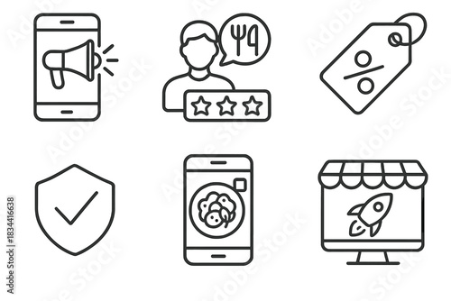 Ghost Kitchen Icons. Line style icons of ghost kitchen marketing: social media ad icon, influencer review icon, promo code tag,