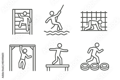 Obstacle Course Icons. Line style icons of obstacle course racing: wall climb challenge, rope swing over water, cargo net crawl,