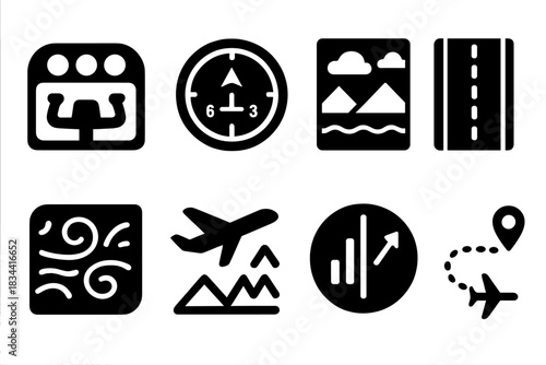 Flight Simulation Icons. Solid style icons of flight simulations: airplane cockpit icon, navigation HUD badge, sky terrain panel.