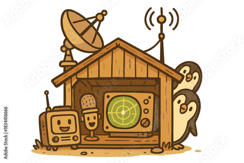Curious Penguins Communicate. Charming doodle vector of communication hut with cheerful instruments, glowing radar screen, and