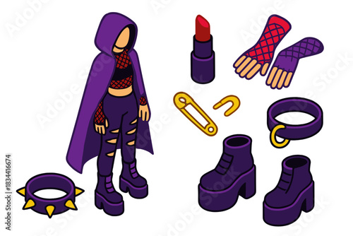 Street Goth Style. Isometric vector illustration set Street fashion – street goth cape, ripped leggings, mesh top; spiked cuff,