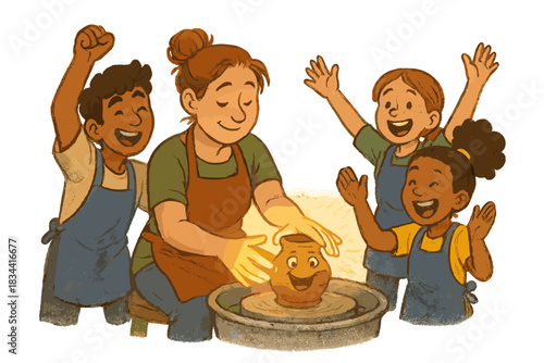 Woman is making a pottery piece with a group of children