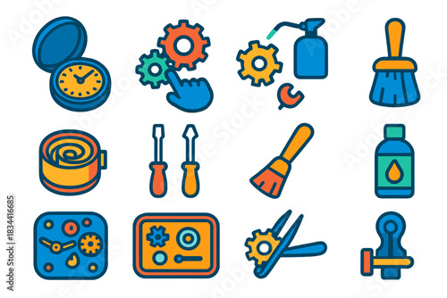 Clock Repair Icons. Flat vector icons of Clock Repair: open clock case, gear alignment, oiling mechanism, spring barrel,