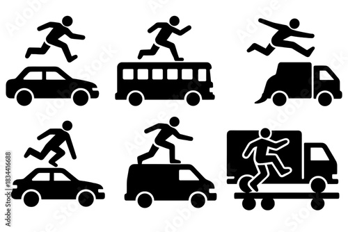 Parkour Vehicle Stunts. olid style icons of parkour on moving vehicles: athlete jumping between cars, running on bus roof, mid-air