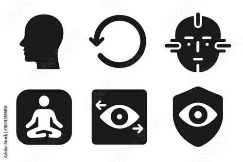 Mindfulness Icon Set. Solid style icons of mental focus and awareness: mind icon facing back, thought loop badge, concentration