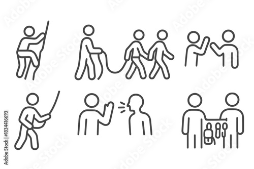 Climbing Partners Icons. Line style icons of climbing partners: lead climber icon, belayer with rope, rope team of two, hand