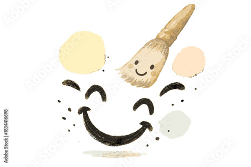 Joyful Brush Strokes. A smiling micro-brush hovering over joyful ink strokes, gentle pastel accents, No text, No labels, isolated