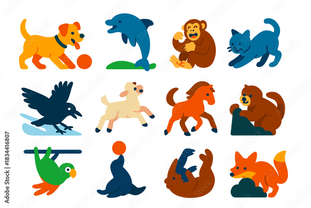 Naklejka premium Playful Animal Icons. Flat vector icons of animal play: dog with ball, dolphin jumping, chimp tickling, kitten pouncing, raven