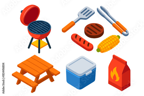 Isometric Park Barbecue Icons. Isometric vector illustration set Park activities – barbecue grill, spatula, tongs; burger patty,