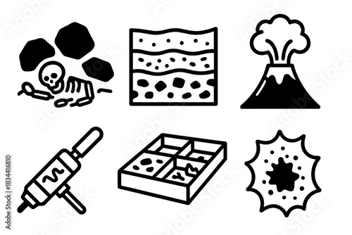 Disaster Archaeology Icons. Line style icons of Disaster Archaeology: skeleton under rubble, stratigraphy layer, volcanic eruption