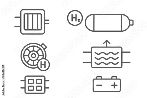Hydrogen Truck Components Icons. Line style icons of hydrogen truck components: onboard fuel cell stack, hydrogen storage tank,