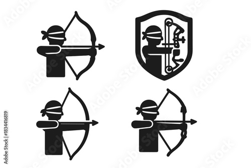Blindfold Archery Bow Icons. Solid style icons of archery bows used blindfolded: recurve bow icon, compound bow badge, longbow