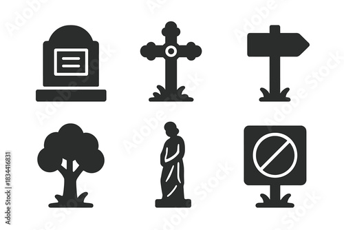 Cemetery Icons. Line style icons of Cemetery Tourism: engraved epitaph, vintage grave marker, tour signpost, peaceful tree,