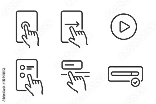 Microlearning Icons. Line style icons of learner activities in microlearning: tapping to continue, swiping through content, audio