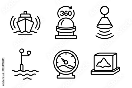 Autonomous Ship Sensors Icons. Line style icons of autonomous ship sensors: proximity detector icon, 360-degree radar dome,