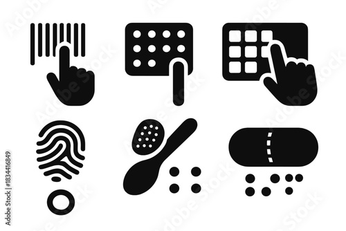 Tactile Texture Icons. Solid style icons of texture coding systems: food barcode by touch, bump pattern label, surface ID grid.