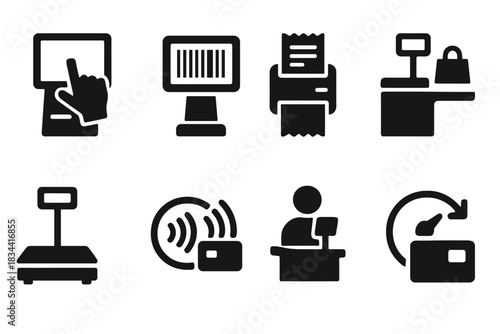 Self-Checkout Icons. Solid style icons of self-checkout kiosks: touchscreen payment station, barcode scanner screen, receipt