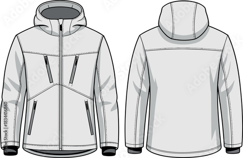 Jacket, hooded, vector, illustration, sketch, outline, fashion, gear, durable, ergonomic, structured, silhouette, layout, design, protection, accessory, zipper, pocket, seam, cuff, insulated