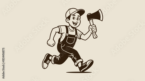 Cartoon boy in overalls happily running with an axe