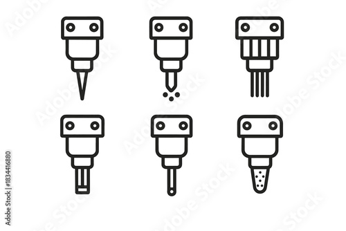 Robotic Needle Icons. Line style icons of robotic needle types: single-line tip, triple-dot cluster, shading multi-needle, thick