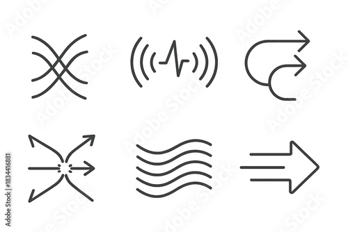 Kinetic Journey Icons. Line style icons of kinetic journey crossing: shaking paths, energy pulses, connected arrows, intersection