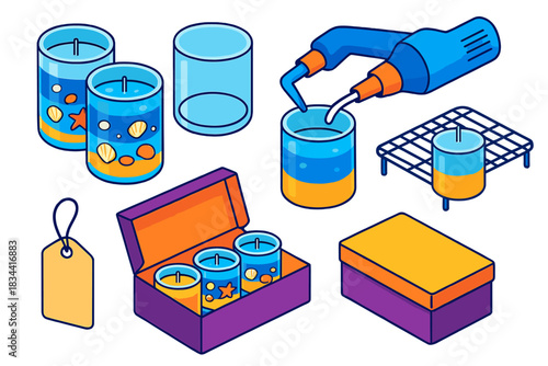 Colorful Candle Crafting. Isometric vector illustration set Candle making – layered gel candles, embedded shells, sand layer;