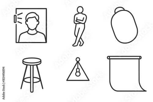 Studio Portrait Line Icons. Line style icons of studio portraiture: headshot with soft light, full body pose icon, reflector