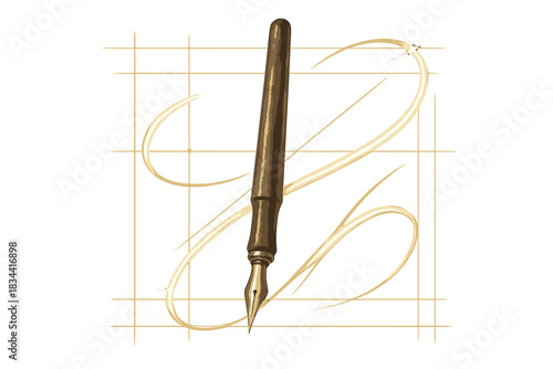 Elegant Calligraphy Setup. a precision calligraphy pen surrounded by gentle alignment guides and shining ink lines, ivory and