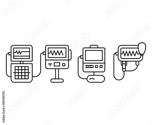 Four different medical vital sign monitors displaying waveforms and numerical data, representing healthcare monitoring equipment, isolated on white.