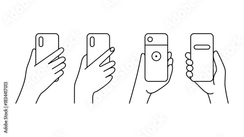 Line art illustration of hands holding smartphones in various orientations and grip styles, isolated on white background, representing mobile technology usage.