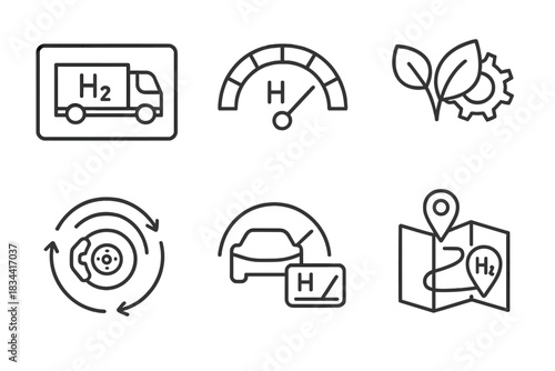 Hydrogen Truck Dashboard Icons. Line style icons of hydrogen truck dashboard and interface: fuel cell status screen, H2 level